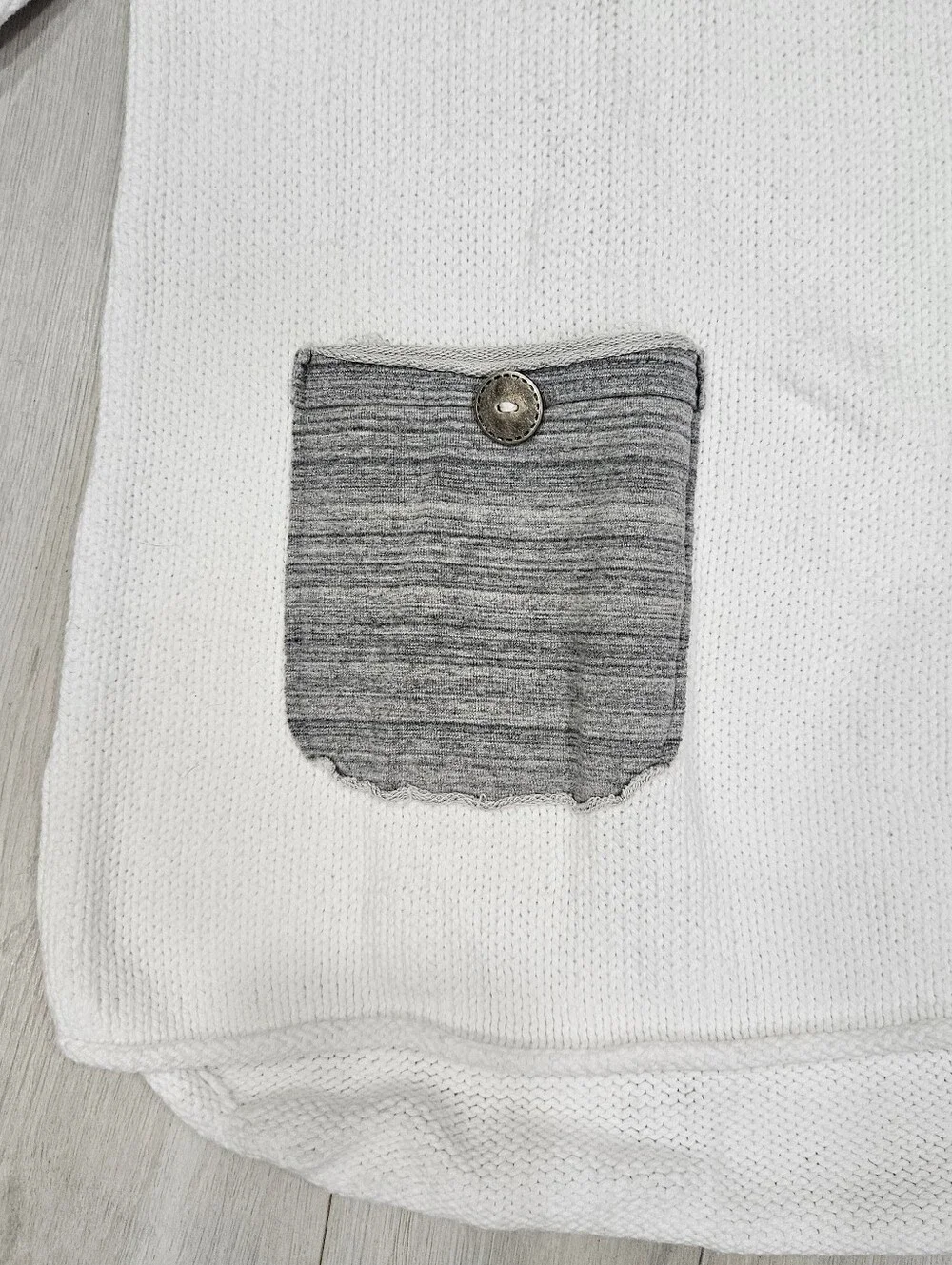 VTG Pure Handknit White Cotton Pullover Sweater Sz S Gray Pockets Rolled Hem